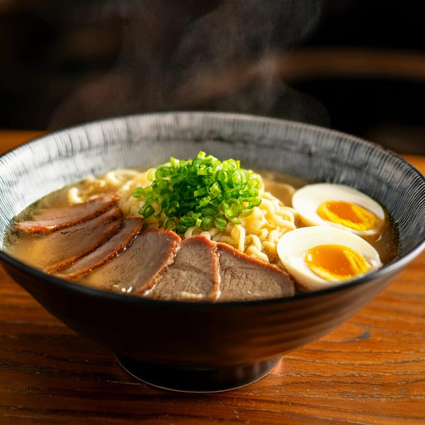 Steaming bowl of ramen with sliced duck, noodles, soft-boiled eggs, and green onions.